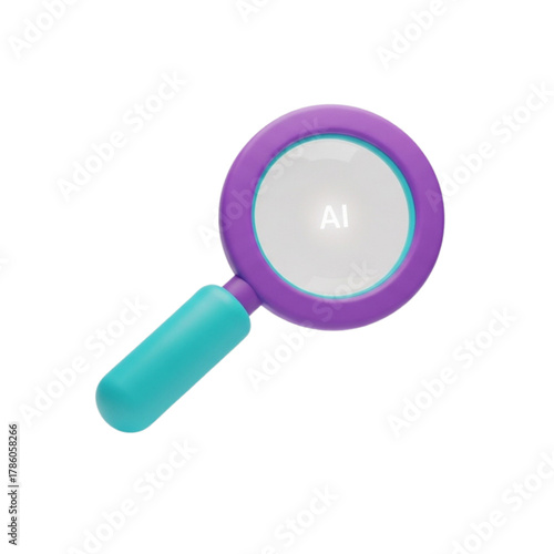 3D icon of a magnifying glass with the letters 'AI' visible through the lens, symbolizing artificial intelligence search and discovery, rendered in a modern, clean style