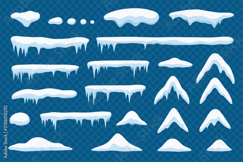 Winter Snow and Icicles Platform Elements Set – Cartoon Frozen Ice Caps, Game Assets, Snow Drifts, Frosty Overlays, Editable Vector Clipart Collection