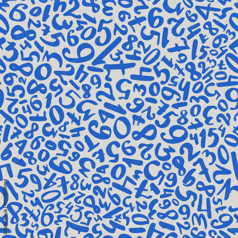 Fototapeta premium Dense educational pattern with cobalt blue multidirectional numbers on white background for classroom decor and presentations