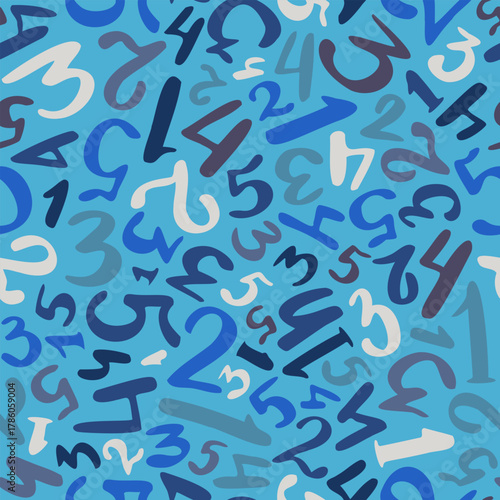 Casual academic pattern with light blue background with scattered white, blue and gray handwritten numbers for cafe decor and student merchandise