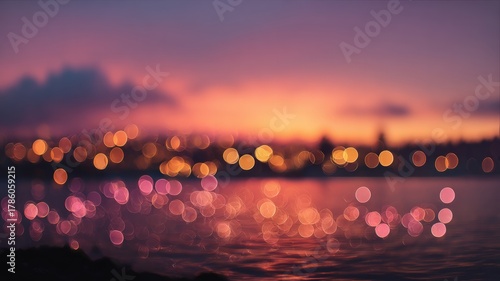 Dreamy sunset sky with bokeh effect. AI image