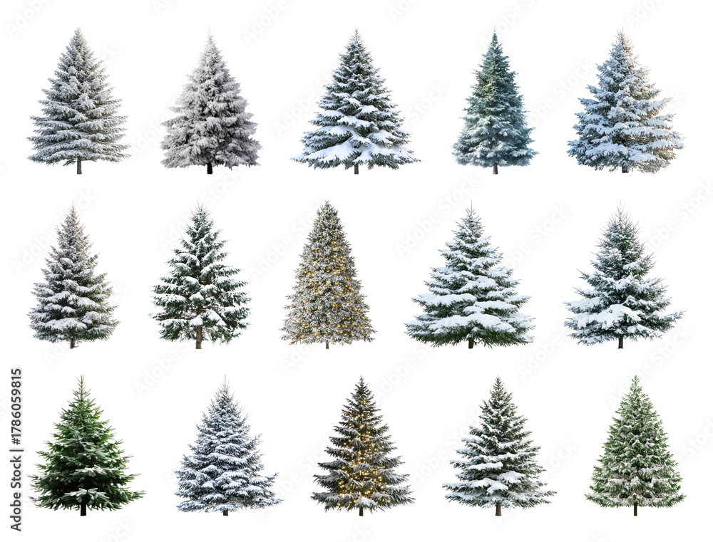 Obraz premium PNG Snow-covered evergreen trees collection, element set on transparent background