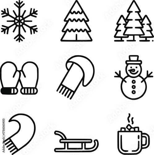 Winter Landscape Outline Icons – Snow, Forest, and Holiday Elements