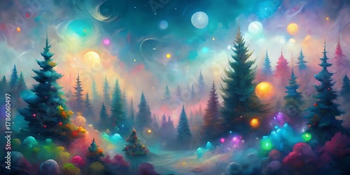 Enchanting winter forest scene illuminated by a dazzling display of colorful bokeh lights and a celestial sky