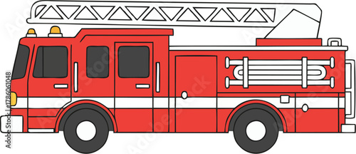 Detailed Fire Truck Side View Vector – Professional Ladder Engine Emergency