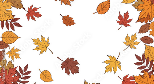 A beautiful and colorful collection of autumn leaves falling gently, creating a festive and vibrant seasonal border design for a white background