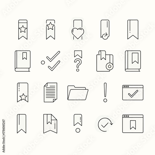 A Collection of Minimalist Line Icons Representing Various Business and Document Management Concepts Such as Bookmarks, Files, Checkmarks, and More