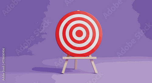 A striking red and white target is displayed on a wooden easel against a textured purple background, symbolizing goals and focus
