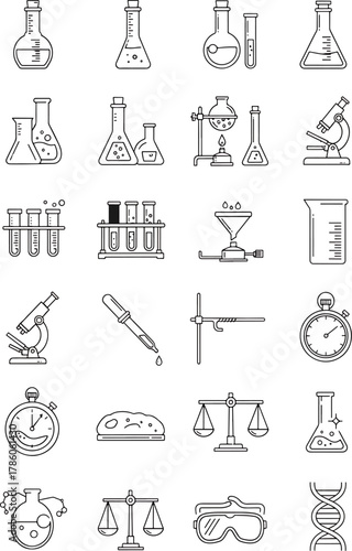A vibrant collection of science laboratory equipment icons featuring beakers flasks test tubes microscopes and scales representing research and analysis