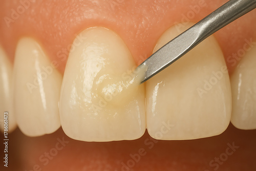 A detailed close-up of a dental professional applying bonding material to the surface of a patient’s tooth during a cosmetic dentistry procedure.