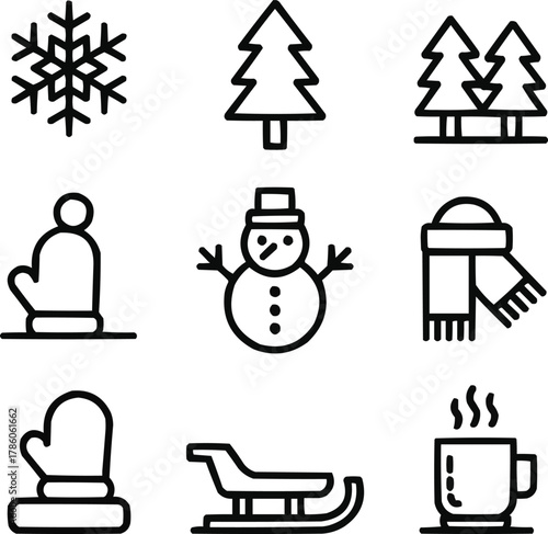 Winter Landscape Outline Icons   Snow, Forest, and Holiday Elements