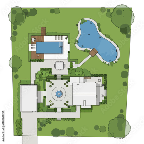 Aerial view of a luxury modern residence with a swimming pool, natural pond, and meticulously landscaped garden