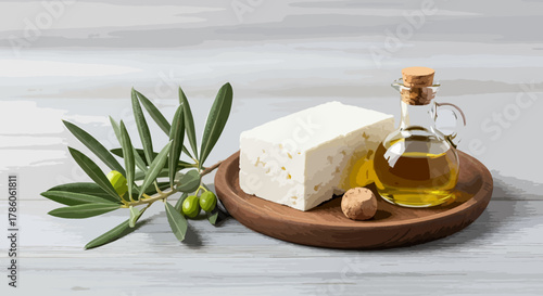 Aesthetic Mediterranean Still Life Featuring Feta Cheese, Olive Oil, and Fresh Olives on a Wooden Plate
