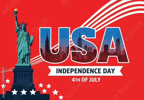 American Independence Day Celebration with Statue of Liberty and Iconic New York City Skyline USA Flag Colors