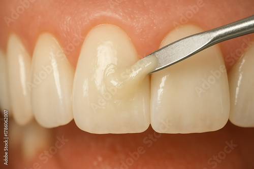 A tight macro shot of a front tooth as a dental tool carefully spreads a small amount of composite material on the enamel surface, showing precision detail in a clinical aesthetic procedure.