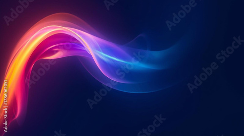 Vibrant neon light trails gracefully flowing in abstract curves across a dark backdrop, creating a dynamic, energetic glow with a modern, futuristic aesthetic