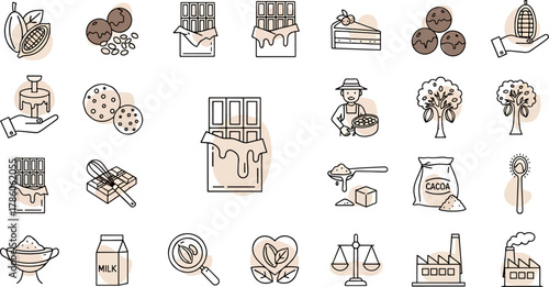 Assortment of Delicious Chocolate Products and Ingredients Featuring Cocoa Beans, Bars, Cakes, Cookies, and Trees in a Clean Line Art Style