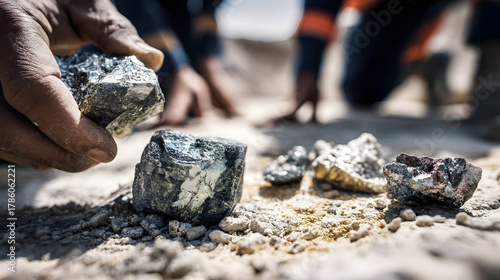Miner holding raw ore samples in a mining operation.