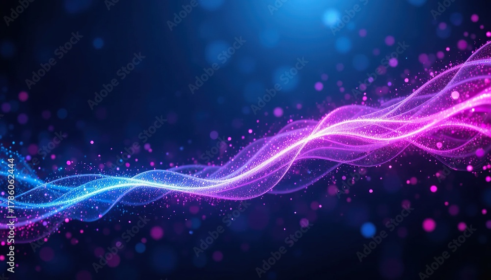 Obraz premium Vibrant abstract background of glowing pink and blue particle waves with a beautiful bokeh effect