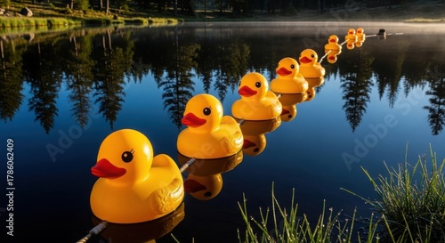 Line of Yellow Rubber Ducks Floating on Calm Lake Water with Forest Reflection
