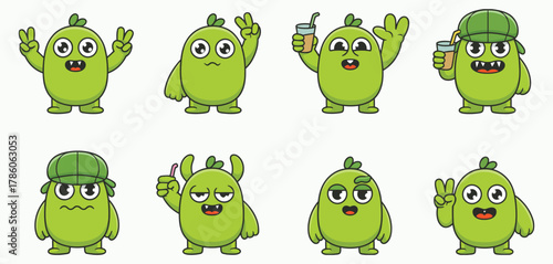 Green blob characters with varied poses and expressions including drinking wearing hats and gesturing, perfect for kids illustrations