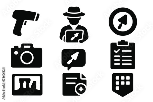 Archaeological Tool Icons. Solid style icons of ruin documentation tools: handheld scanner glyph, archaeologist tablet icon, trace