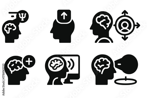 Psi Learning Icons. Solid style icons of psi-enhanced learning: instant knowledge beam, skill upload icon, mind expansion glyph.