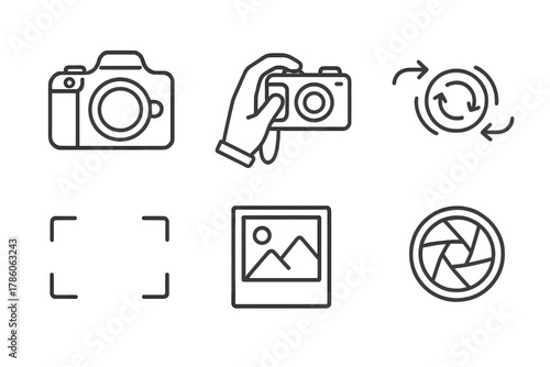 Photography Icon Set. Line style icons of photography: DSLR camera body, handheld camera with strap, lens zoom motion, viewfinder