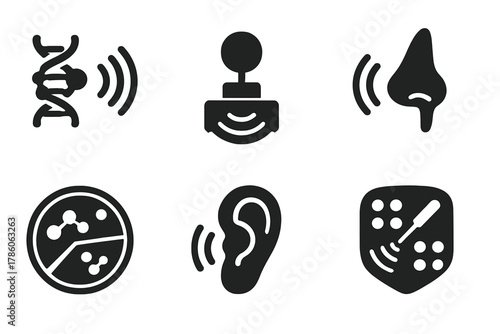 Quantum Sensing Icons. Solid style icons of quantum sensing in biology: biomolecule with sensor waves, quantum detector icon,