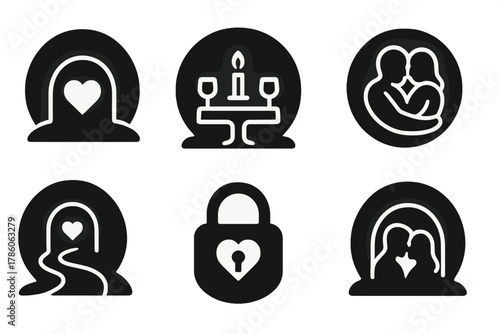 Romantic Underground Icons. Solid style icons of romantic underground experiences: heart cave glyph, candle dinner icon, embrace