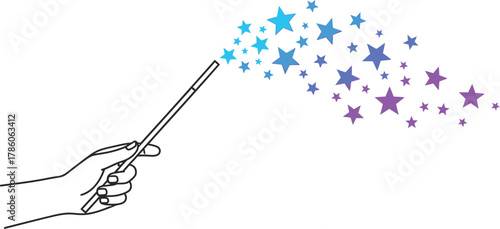 Hand holding magic wand casting blue and purple stars on a white background