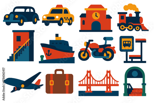 Noir Transport Icons. Flat vector icons of Noir Transport: vintage car, taxi cab, train station, steam train, alley staircase,