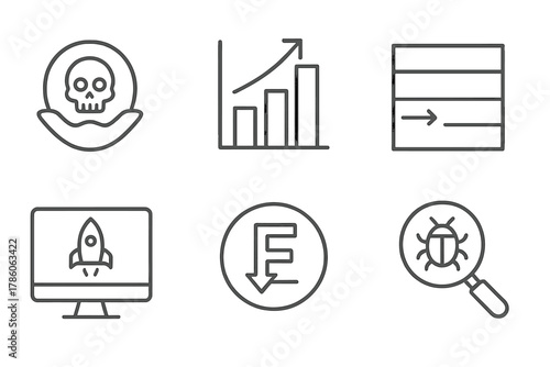 Exploit Development Icons. Line style icons of exploit development skills: shellcode icon, buffer overflow chart, return address