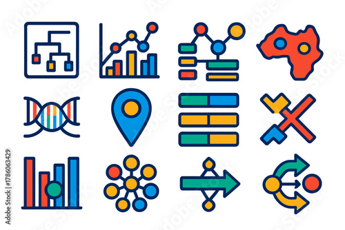 Population Genetics Icons. Flat vector icons of population genetics visualization: phylogenetic tree, gene frequency chart, allele