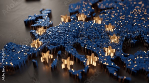 A stylized map of Europe, rendered with blue particles and gold stars, symbolizing the European Union.