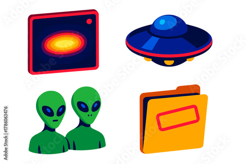 UFO Evidence Icons. Isometric vector illustration set UFO Encounter Evidence: Blurry photo with glowing object, classic flying