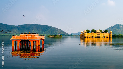Evening photograph of Jal Mahal, the water palace, is located in the Pink City of Jaipur, Rajasthan, India