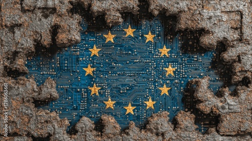 The European Union flag design revealed through a decaying and rusted surface, symbolic.