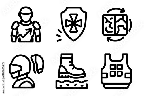 Futuristic Military Armor Icons. Line style icons of Programmable Matter: military adaptive armor, ballistic-responsive shield,