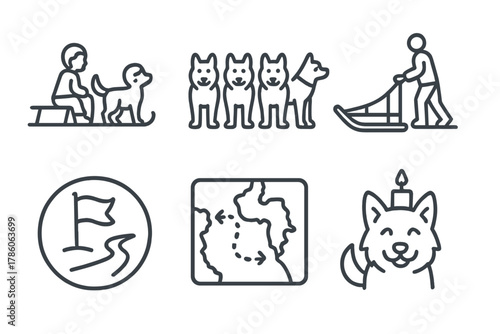Sled Dog Journey Icons. Line style icons of milestones and progress: first sled ride, full team assembled, solo mushing icon, long