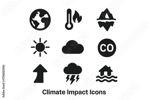 Climate Change Icons. Solid style icons of Climate Impact: Earth Globe, Rising Temperature, Iceberg, Sun, Cloud, CO2 Symbol, Arrow