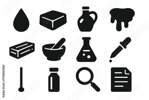 Historic Adhesive Icons. Solid style icons of organic compounds in historical adhesives: resin drop, wax block, oil bottle, tar