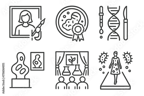 BioArt Icons Collection. Line style icons of BioArt competitions and events: artist with DNA frame, petri dish award, gene editing