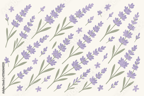 Lavender Bliss. Fresh lavender blossoms scattered on a rustic white background, soft pastel tones, tranquil and aromatic, ideal