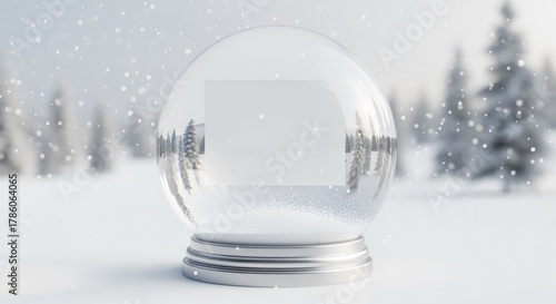 A clear snow globe with a blank space, set in a snowy winter landscape with falling snowflakes.