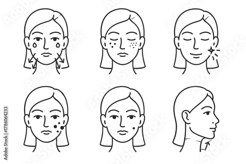 Cryo Facial Benefits Icons. Line style icons of cryo facial skin benefits: reduced puffiness icon, tightened pores symbol, glowing