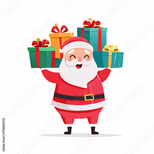 Jolly Santa Claus Carrying a Stack of Colorful Christmas Presents with a Festive Spirit