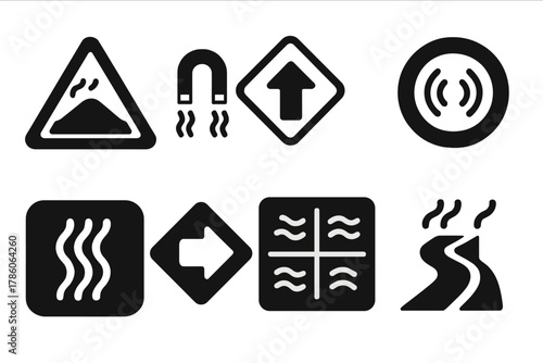 Magnetic Anomaly Icons. Solid style icons of magnetic anomaly signs: caution hill glyph, magnetic icon, direction badge. Tilt zone