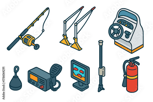 Isometric Fishing Gear Icons. Isometric vector illustration set Fishing equipment – trolling rod, electric reel, downrigger weight