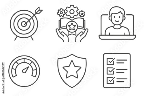 Competency Education Icons. Line style icons of competency-based education fundamentals: learning outcomes target, skills mastery